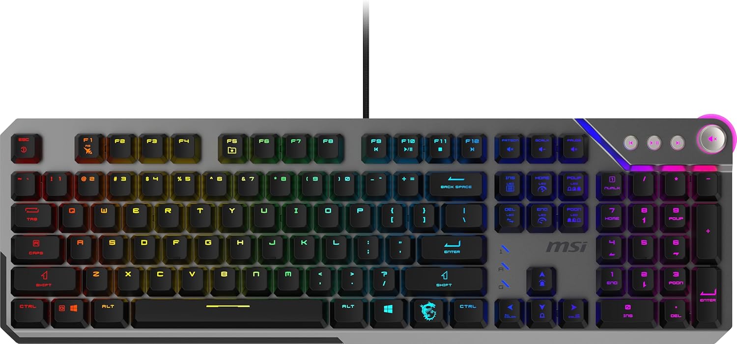 msi Strike 600 - KAILH Midnight PRO Silent Tactile SWITCHES - Ergonomic Keycaps, Anti-Slip Base, Per-Key RGB Mystic Light, USB 2.0 - Full-Sized