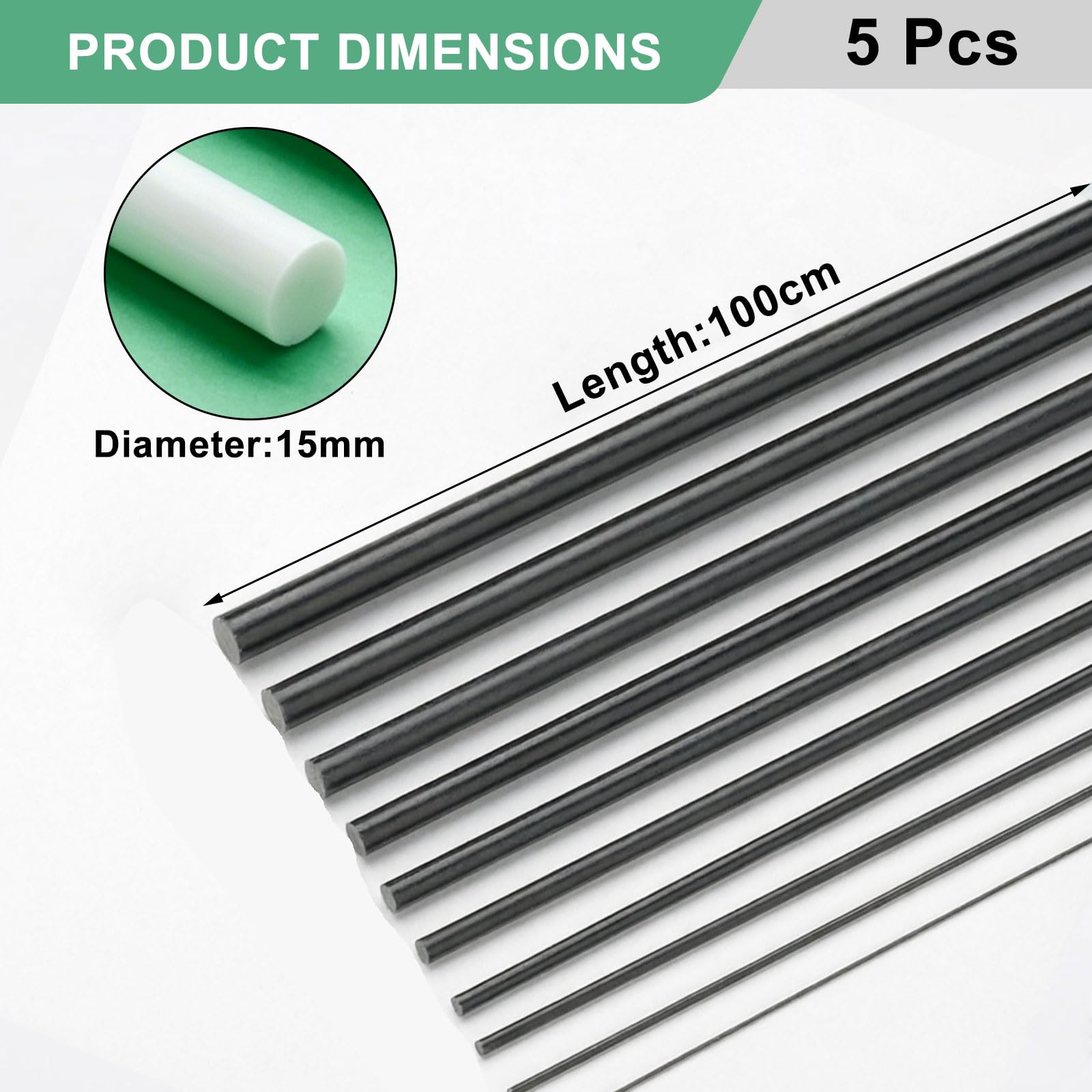 COYOUCO Aste in Fibra di Vetro Nere, Diametro da 0.8mm a 30mm Barra Rotonda FRP per Isolamento Industriale, Supporti Discreti e Modellismo, Polimero Tecnico UV,Φ 15mm 5Pcs