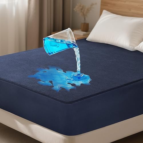 Miniatura 1 de OhGeni Protector de colchón 100% impermeable, tamaño King, color azul marino, sábana bajera con bolsillos profundos, de 6 a 18 pulgadas, material
