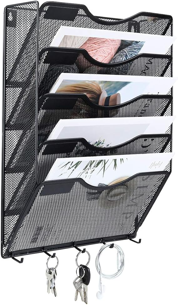 EasyPAG Wall Mount File Organizer with Key Hooks 5 Pocket Vertical Mesh Hanging