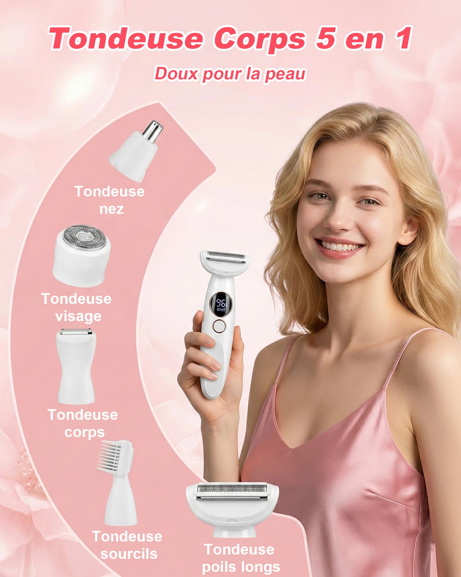 Carehabi Rasoir Électrique Femme 5 en 1 & Tondeuse Bikini - Rasoir Intime Femme Étanche IPX7 pour Visage, Corps, Maillot & Sourcils - Lady Shaver Sans Fil avec Base de Charge USB