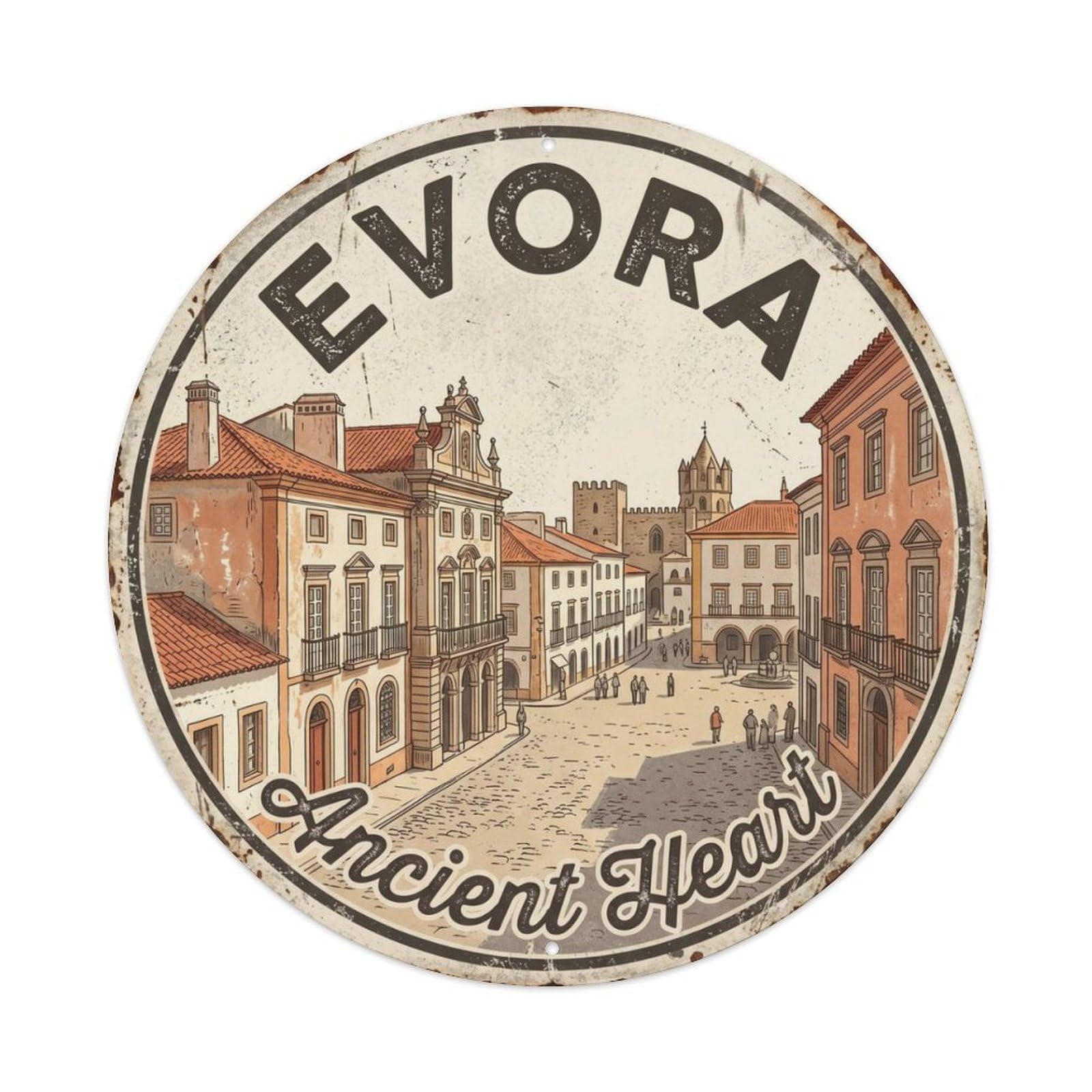 Vintage Travel Ancient Portugal Town Metal Tin Sign Plaque Wall Decor for Cafe, Club Bar, Office, Home Garden Round Metal Poster 8x8Inch