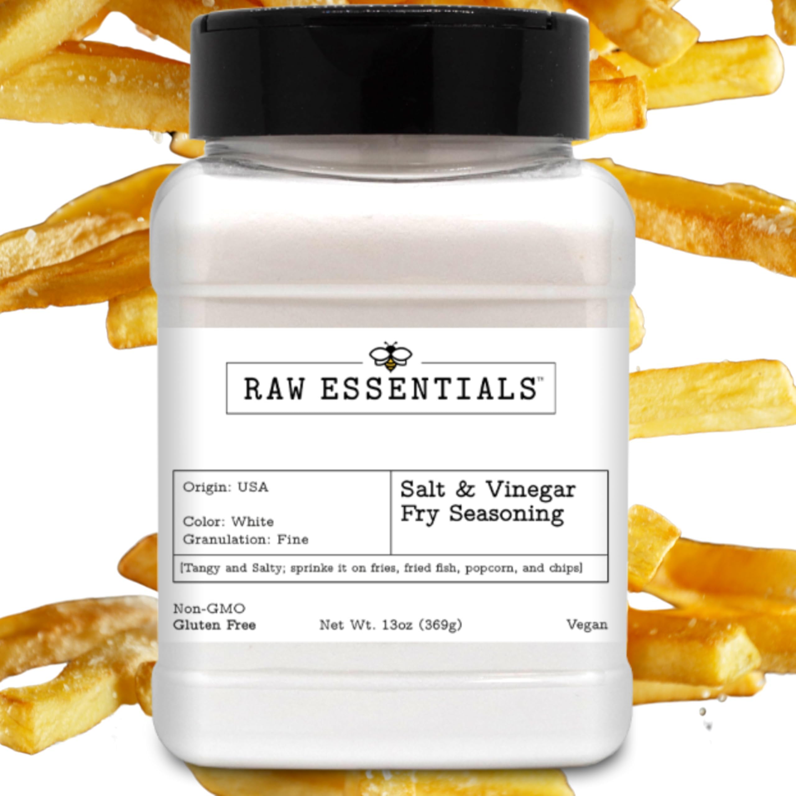 Raw Essentials Salt and Vinegar Fry Seasoning, Gourmet Seasoning - Great on Fried Fish, Popcorn, and Chips - Tangy and Salty - Gluten Free and Vegan - 13 oz