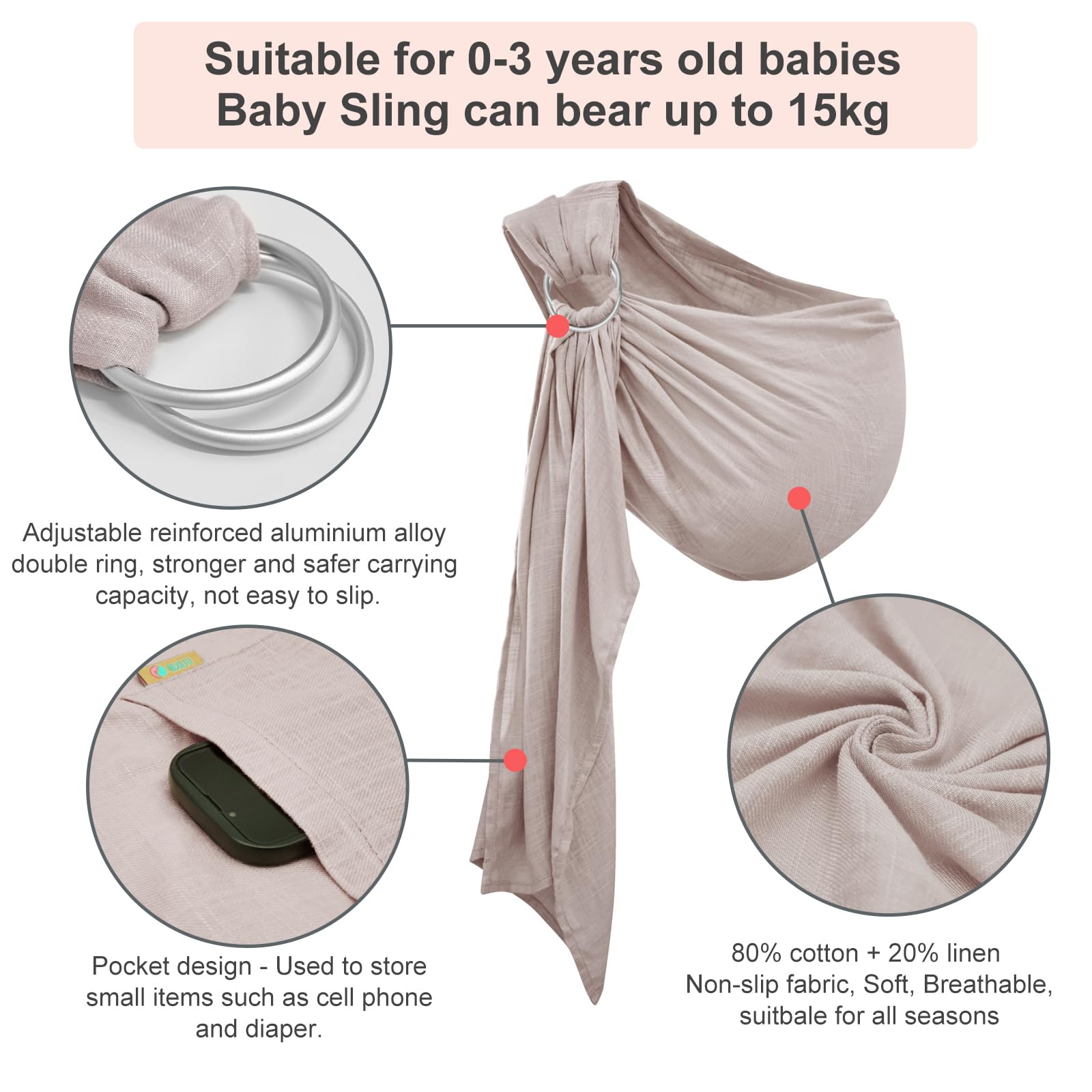 Baby Sling Carrier for Newborn to Toddlers, Adjustable Breathable Muslin Double Ring Sling Wraps, Sling Holder Carrier Scarf, Ideal Baby Gift for New Parents (Grey) - 3