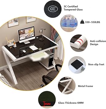 Tempered Glass Computer Desk Modern Design Student Writing Desk Study Desk Home Office Desk Gaming Desk Personal Workstation with Z-Shaped Metal Frame(47 Inch, White)