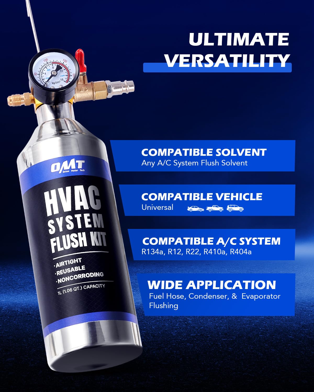 Orion Motor Tech AC Flush Kit, HVAC Flush Tool Kit with 33.5 oz. Stainless Steel Tank, Auto Air Conditioner System Flushing Set for R134a R12 R22 R410a R404a with 1/4 in. Adapter 3.3 ft. Nylon Hose
