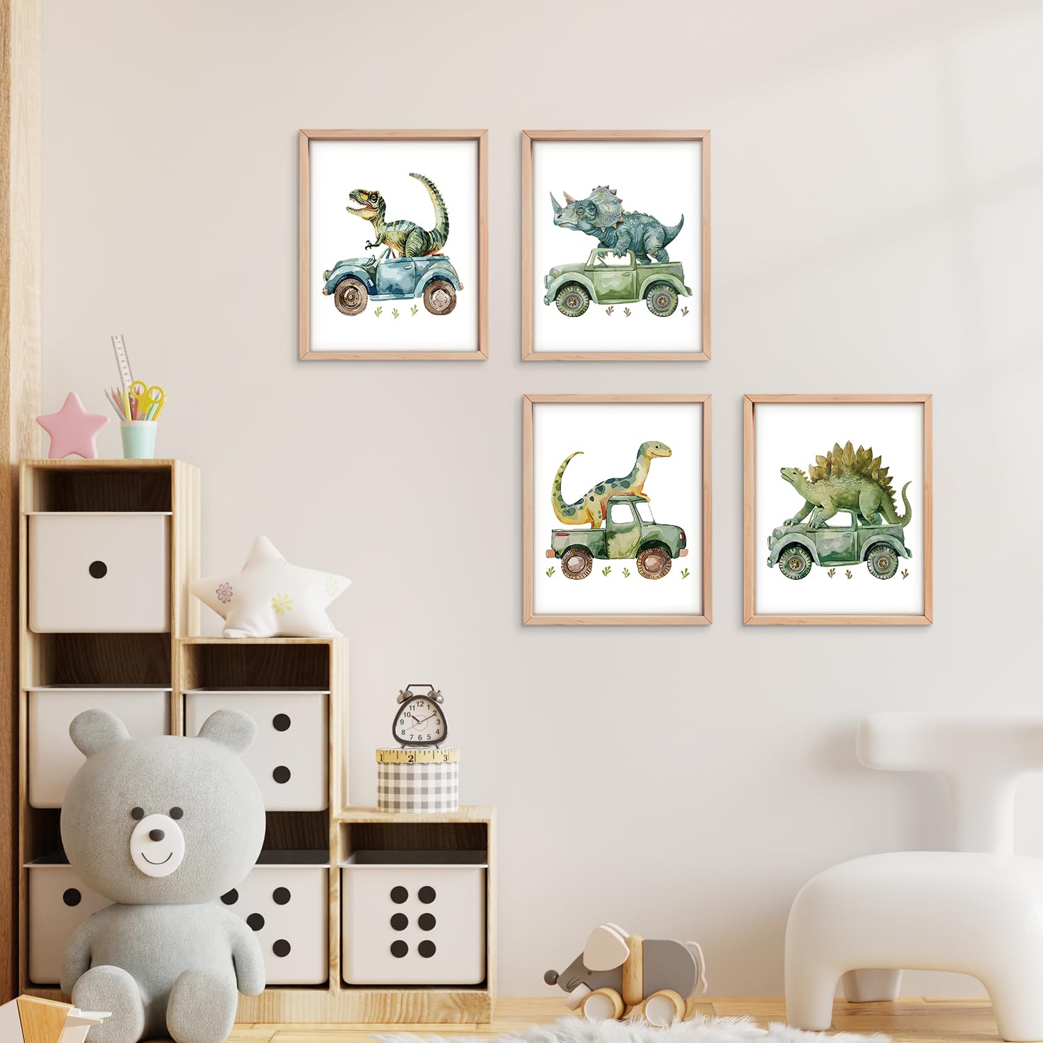 VONTP Decoración de pared de dinosaurio, camión de construcción de dinosaurio verde, obra de arte para habitación de niños, cuarto de bebé, sala de juegos, 8 x 10 pulgadas, juego de 4 (sin marco)