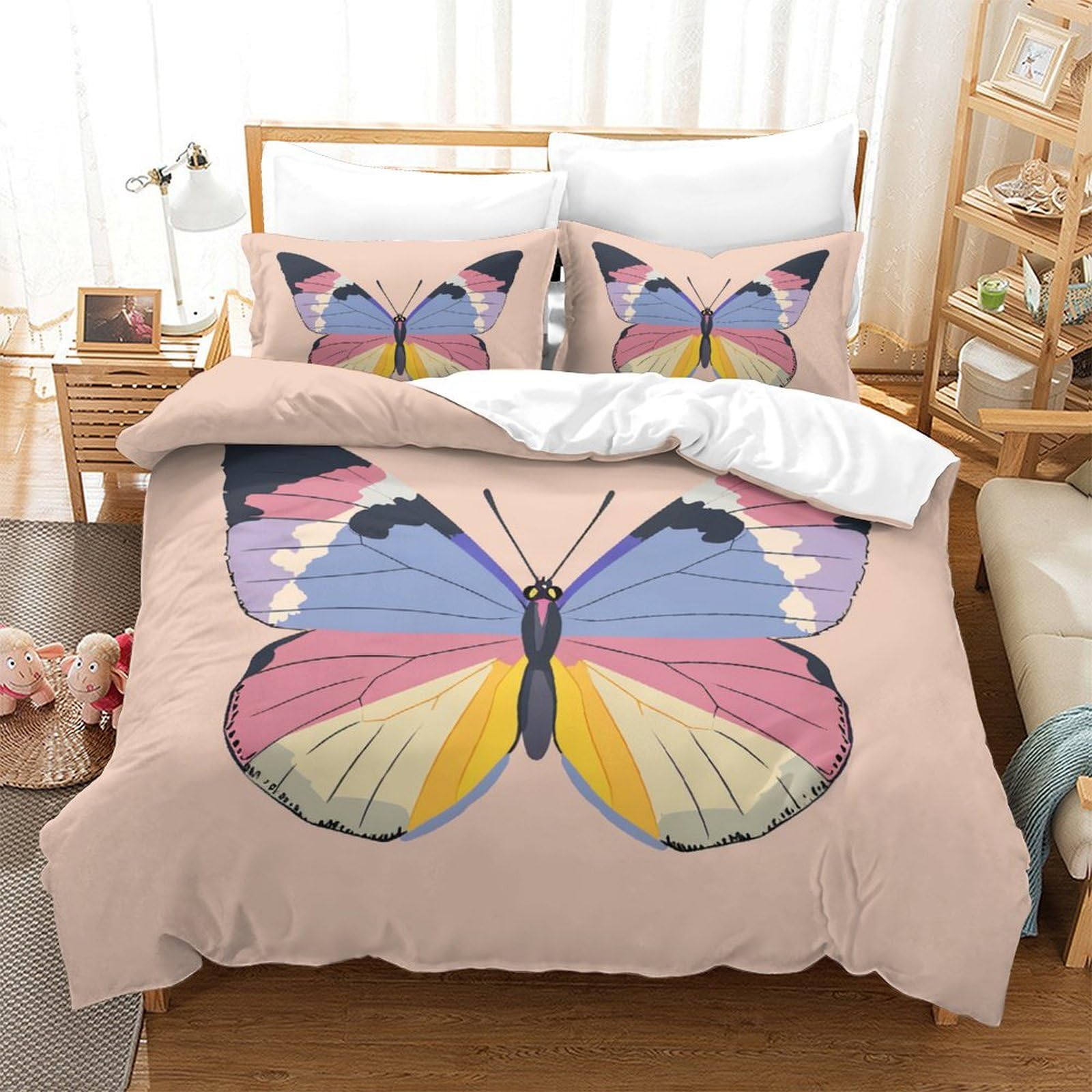 Housse de couette papillon 3D 220x240 cm en microfibre avec deux taies d'oreiller pour lit double