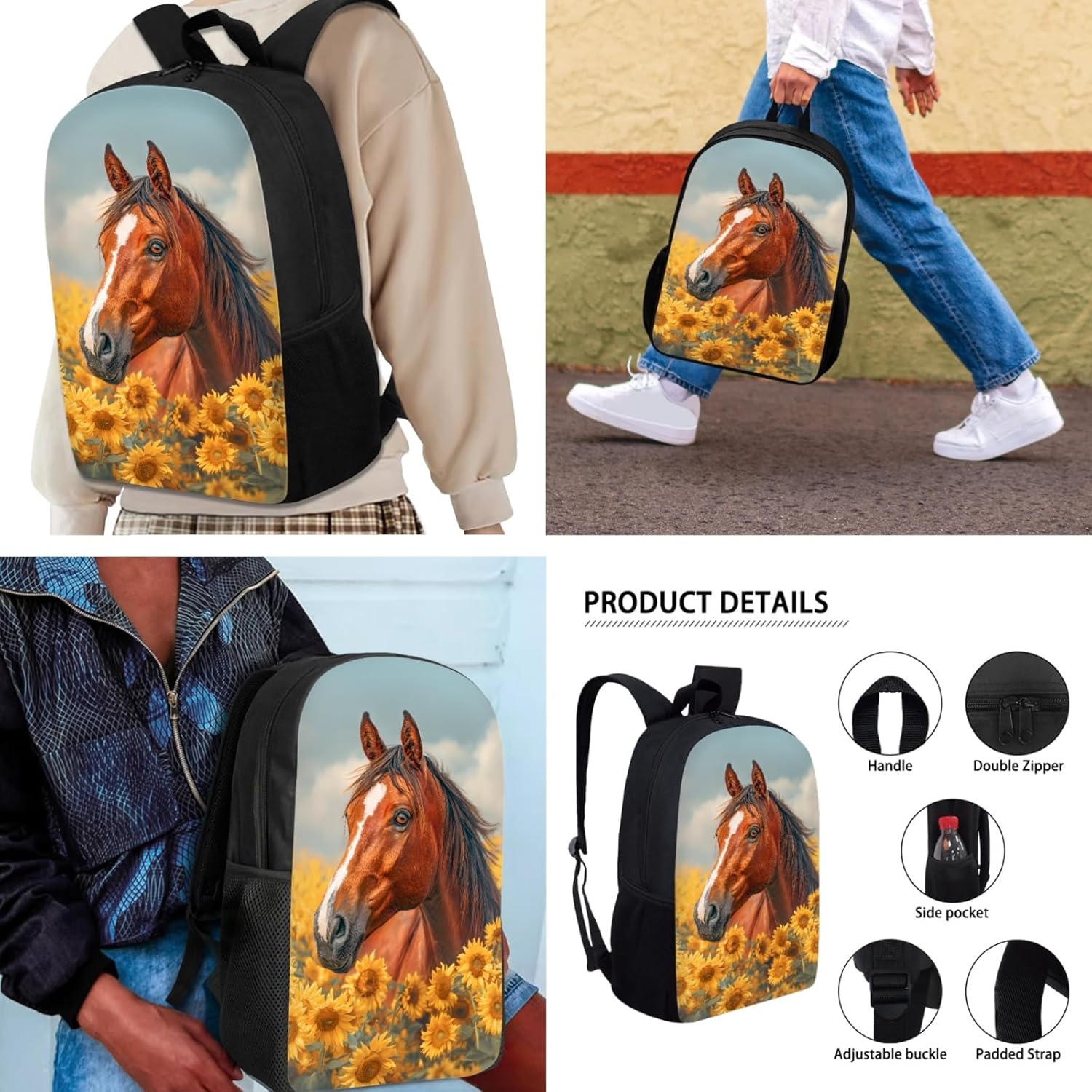 Mumeson Horse Sunflower Backpack Set for Women Girls Teen School, Big Capacity Bookbag Rucksack with Insulated Lunch Bag and Small Pencil Case, 3 Piece Back to School Supplies Set