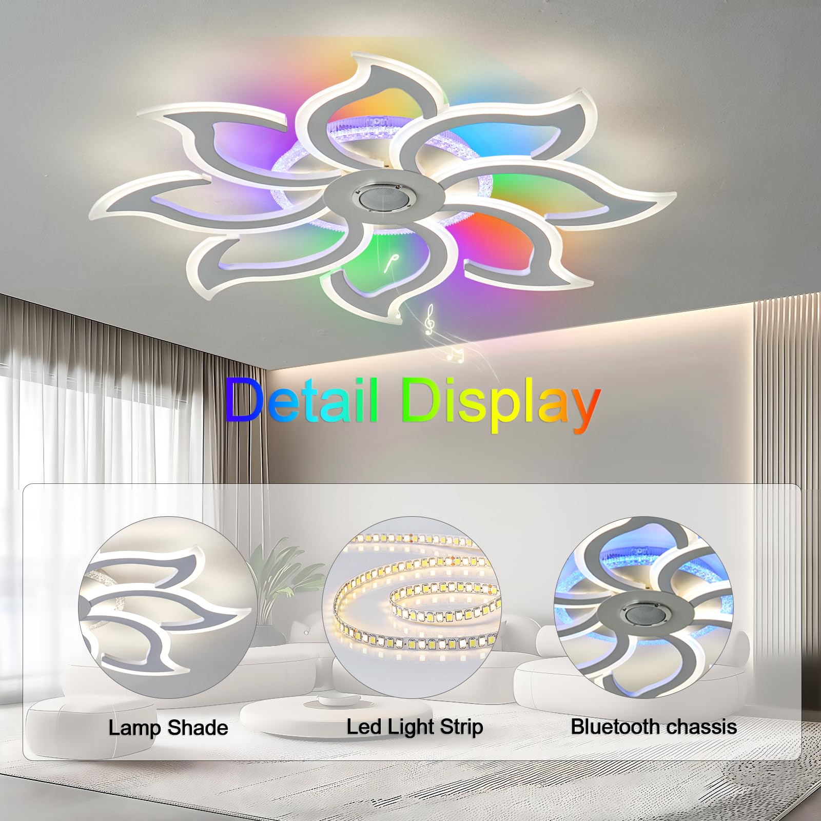 Plafoniera RGB con Altoparlante Bluetooth Lampada da Soffitto a Led 90cm Dimmerabile Per Camera da Letto e Soggiorno con Telecomando e Funzione Memoria Moderne lampadario Fiore con App Bianco