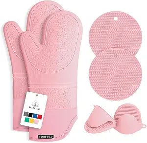 Rorecay Extra Long Oven Mitts and Pot Holders Sets: Heat Resistant Silicone Oven Mittens with Mini Oven Gloves and Hot Pads Potholders for Kitchen Baking Cooking, Quilted Liner, Pack of 6 (Pink)