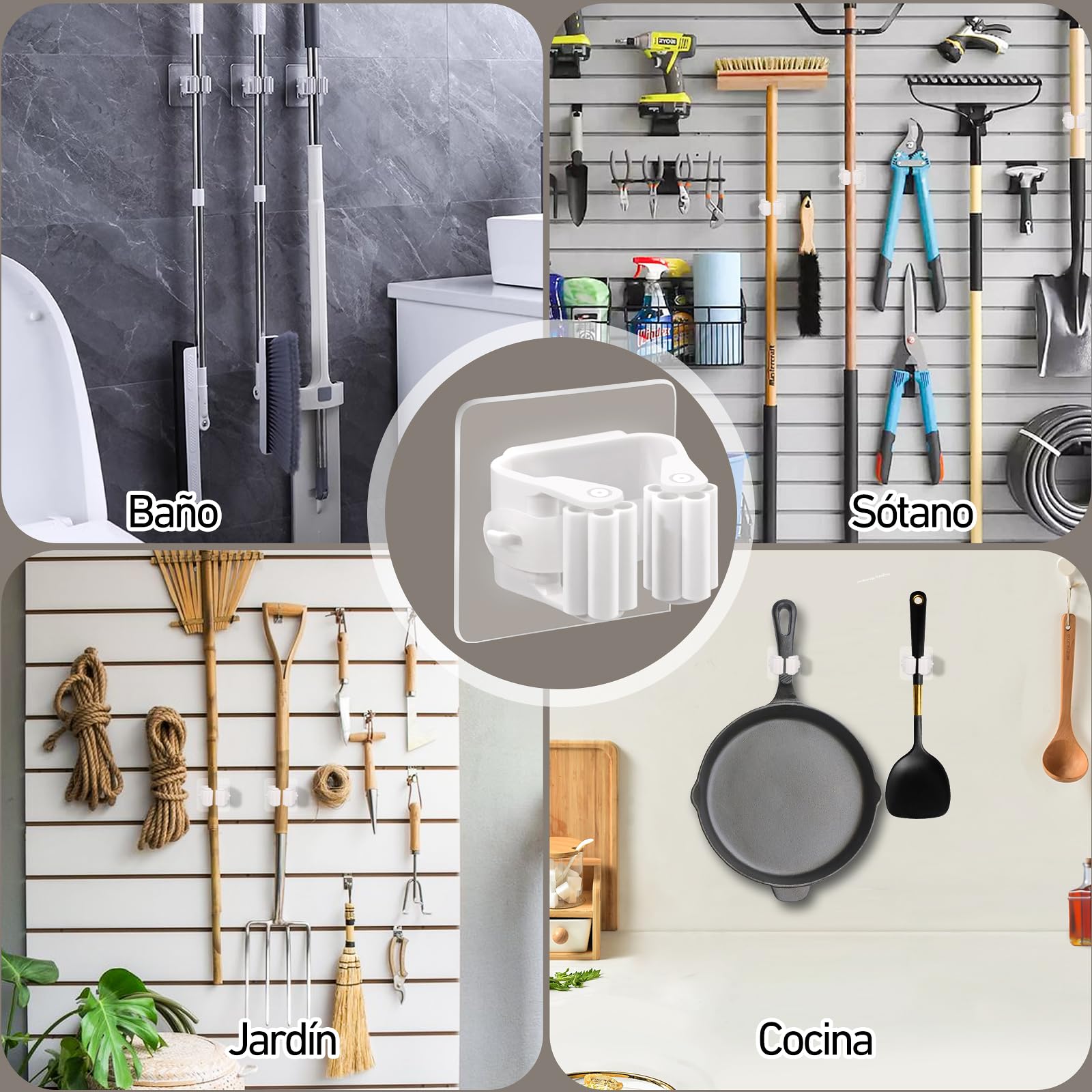 XIANGLONGY 10 Piezas Soporte Escobas Pared, Colgador Escoba y Fregonas Sin Perforar, Adhesivos Ganchos para Colgar Escobas, Organizador Soporte de Escobas para Baño Cocina Comedor Garaje
