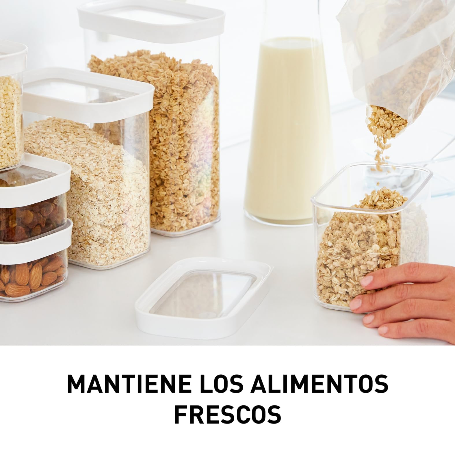 Emsa Optima Dry Food - Set 5 Recipientes Herméticos de Plástico Rectangular, higiénico, fácil apilamiento, tapa cierre a presión y bordes antideslizantes, certificado "Baby Care", apto lavavajillas