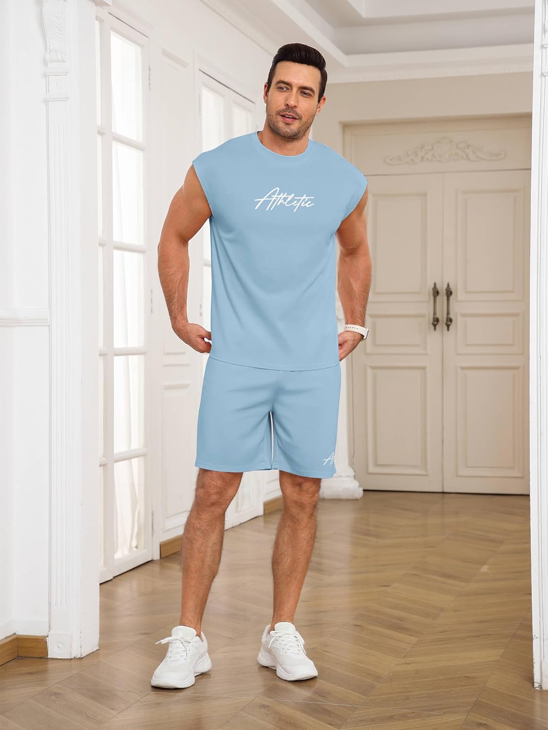 Lexiart Mens Oversize Tank Tops and Shorts Workout Sets Cut Off Muscle Gym T Shirts Summer Beach 2 Piece Outfits - Image 6