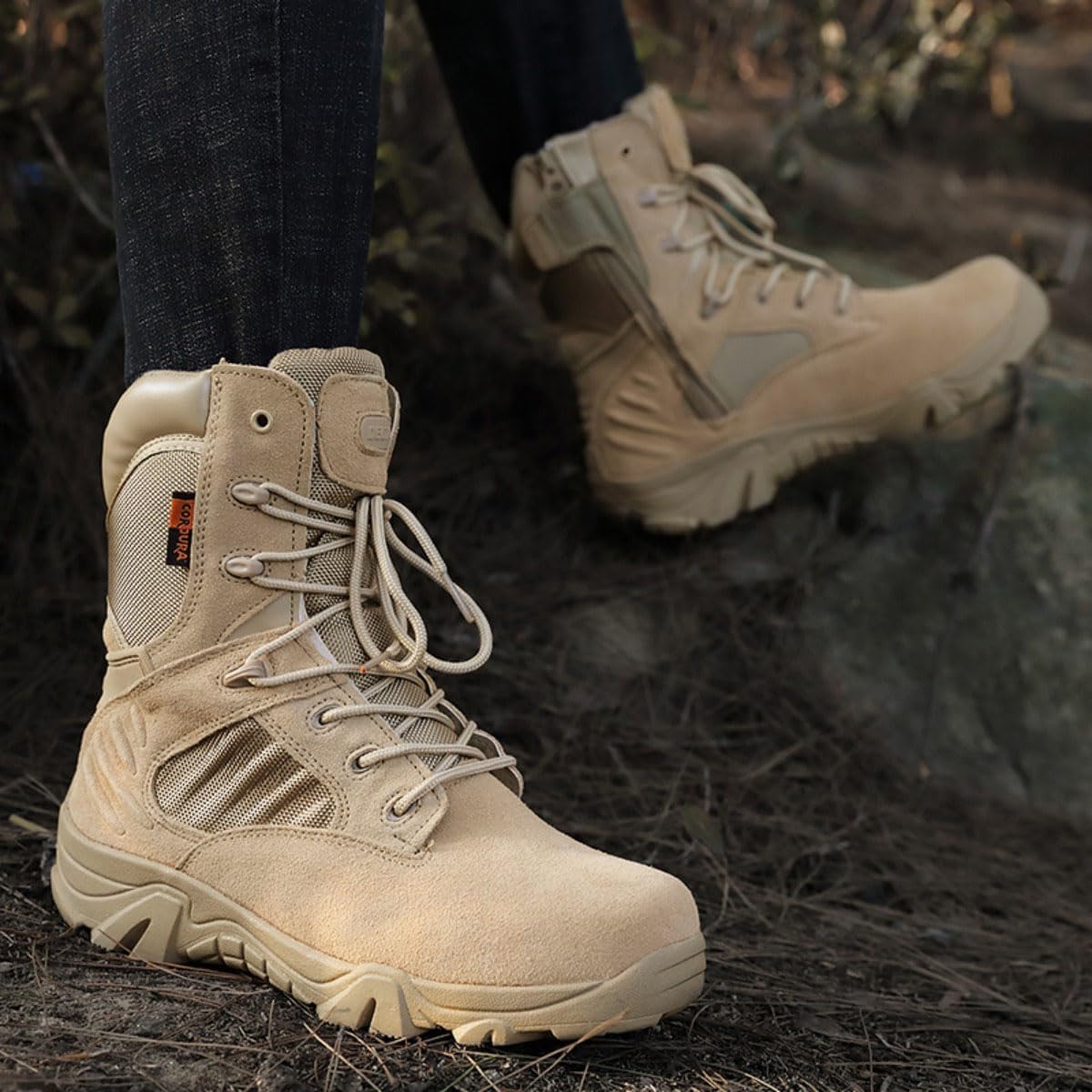 EinPlus Men's Tactical Ankle Boots: Side Zipper Military Work Boots, Hook & Loop Closure