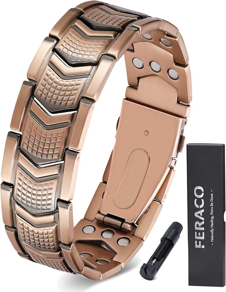 Pulseira de cobre masculina força 3x, pulseira magnética de terapia joia de cobre com poderosos ímãs de 3800 gauss, fecho dobrável premium (atualização)
