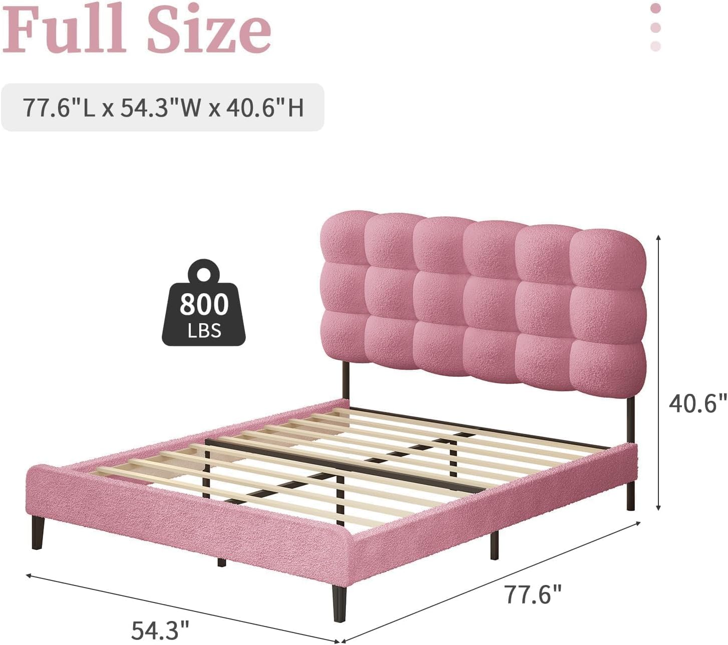 BarnFurin Full Size Bed Frame with Upholstered Headboard, Soft Boucle Fabric, Platform Bed with Strong Wooden Slats Support, Two Bed Forms Design, No Boxing Spring Needed, Easy Assembly, Pink