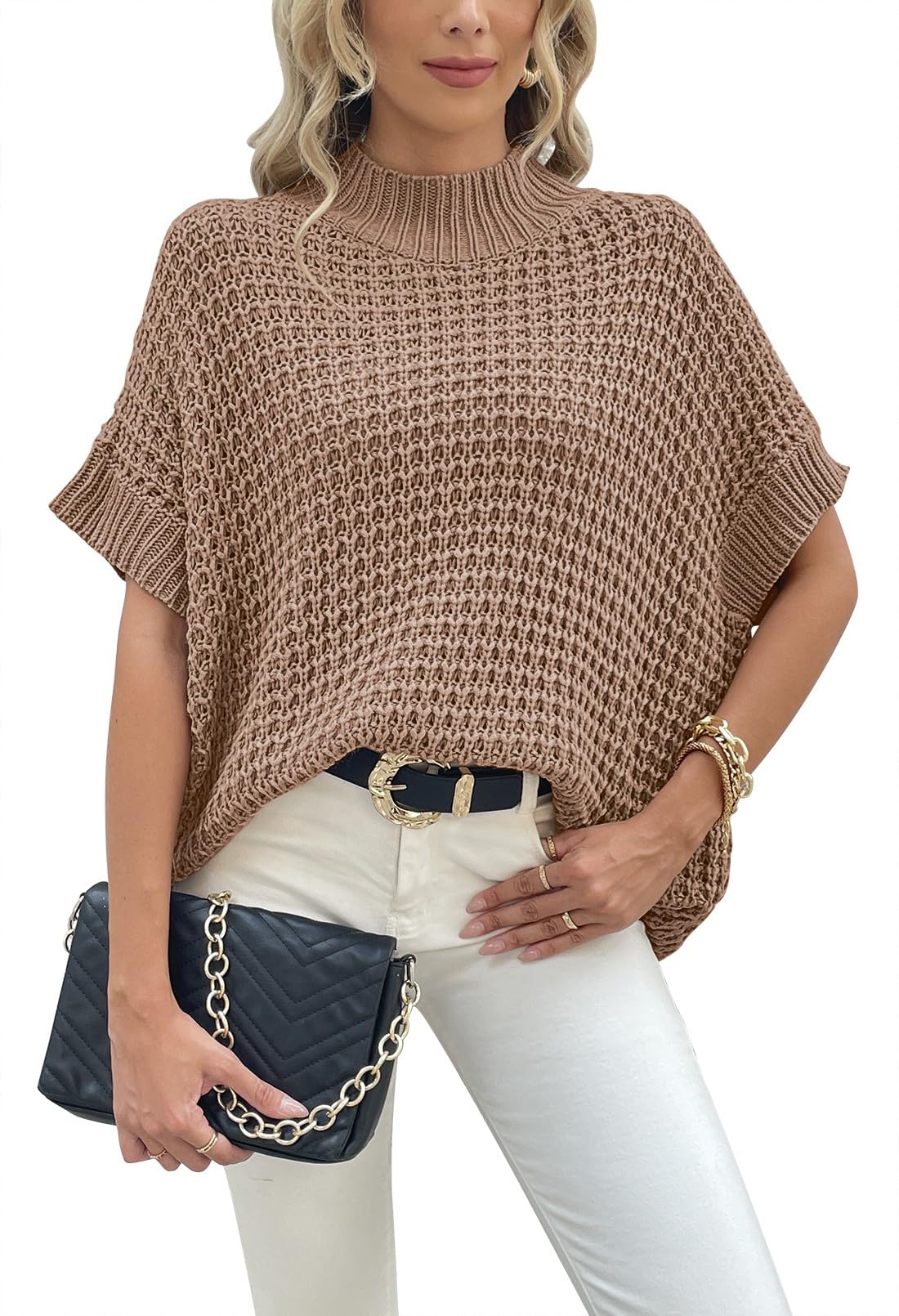 Women's Mock Neck Batwing Short Sleeve Loose Oversized Knit Pullover Sweater Vest Jumper Tops