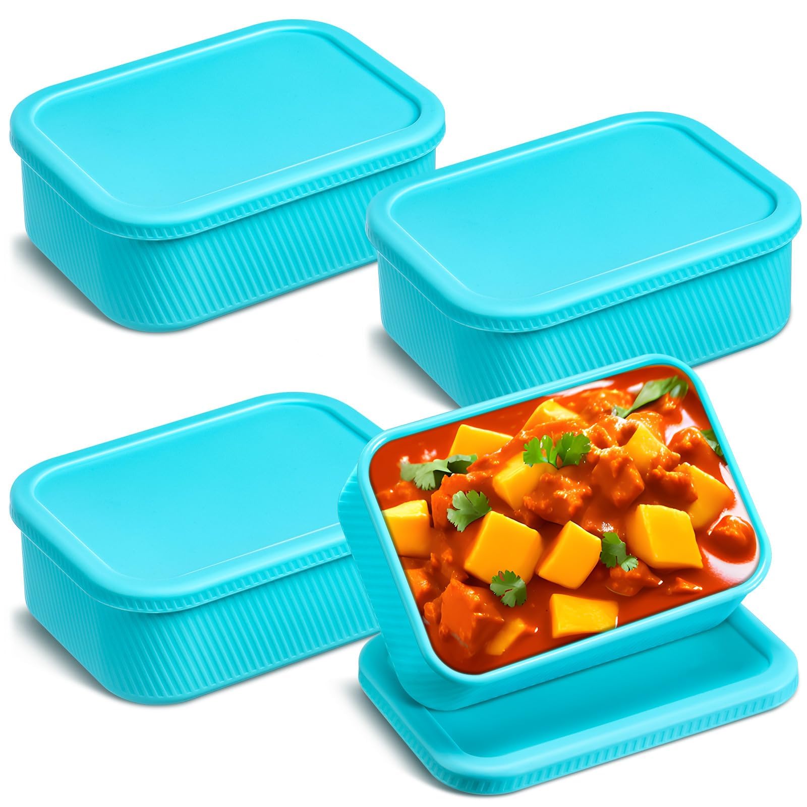 4-Pack 3.5 Cup Silicone Freezer Containers with Lids – Reusable, BPA-Free Rectangle Molds for Freezing Soups, Sauces, Stews, Baby Food, Ice Cubes & Meal Prep in Lake Blue