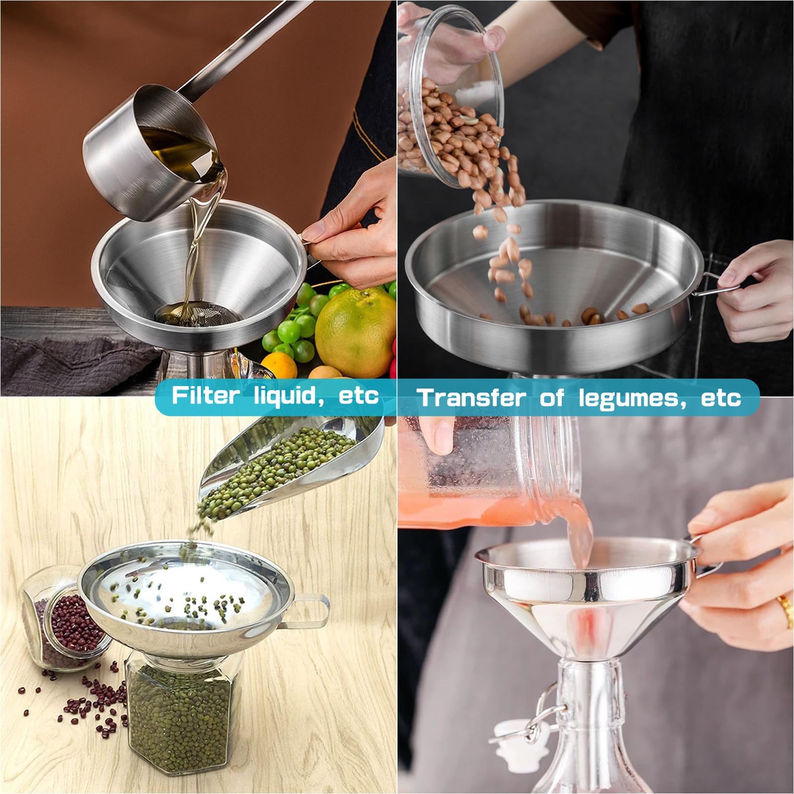 Gucass 9 Stk Edelstahl Trichter Set, Küche Trichter mit Griff, Marmeladentrichter mit Sieb, 200 Mesh Filter, Reinigungsbürste, Einfülltrichter zum Übertragen Gewürzen Flüssigkeiten Pulver Konfitüre