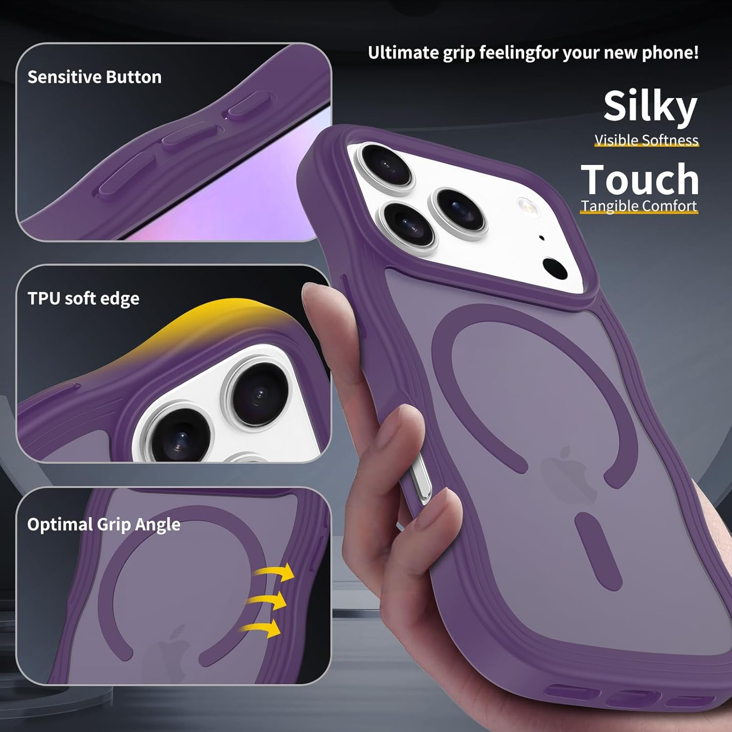magnetic for iphone 17 pro case, (compatible with magsafe) curly wavy frame hard translucent matte clear back cover for women men tpu bumper shockproof phone case (purple) matte purple for iphone 17 pro