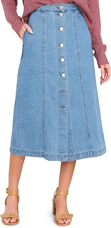 Wenrine Women's Button Down Denim Skirt High Waisted Casual Loose Jean Midi Skirts with Pockets