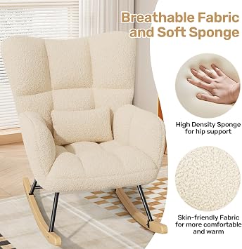 Hawthyhome Upholstered Rocking Chair for Adults, High Back, Beige