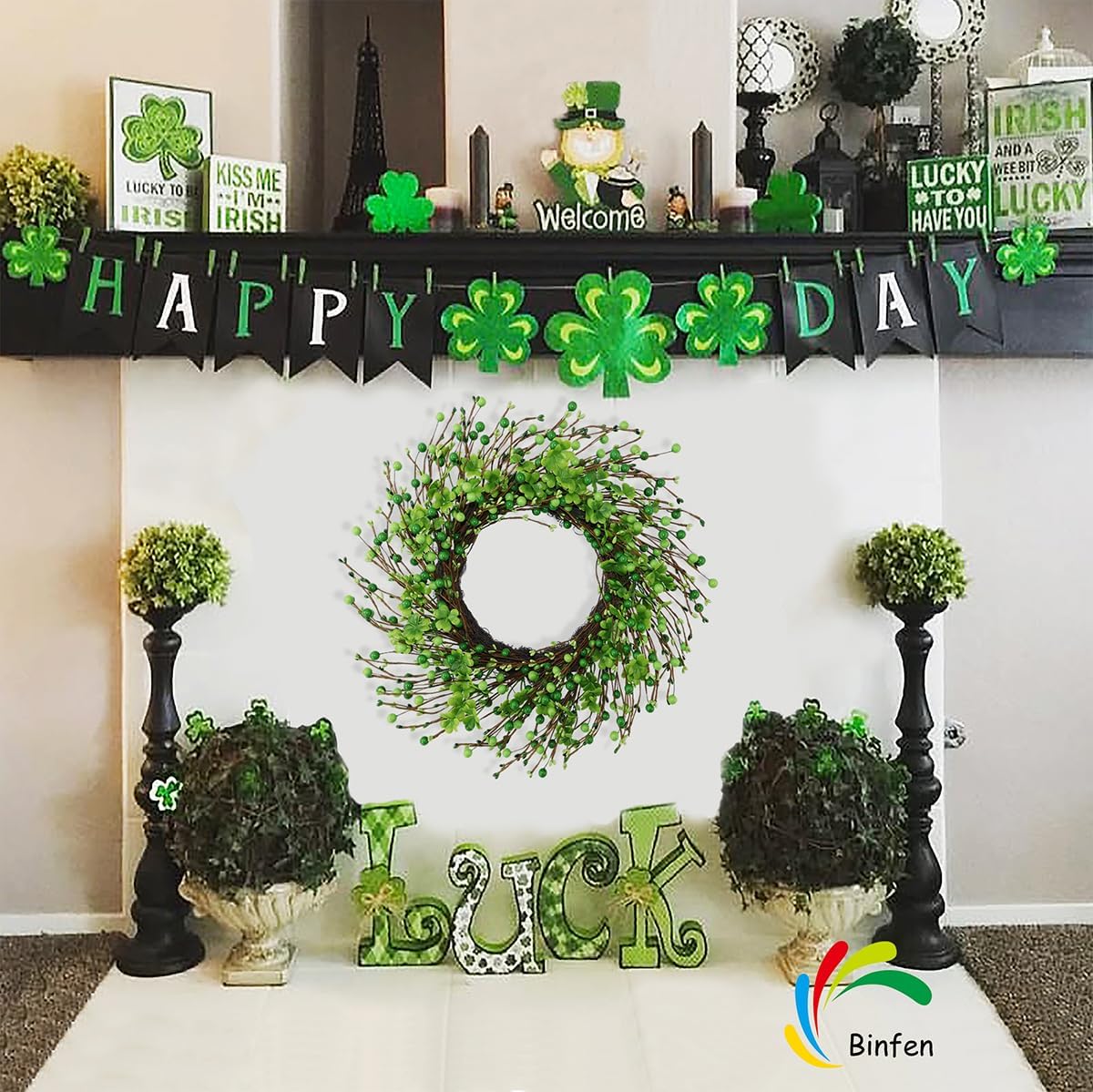 St Patricks Day Wreath 20” – Green Berry & Shamrock Clover Wreaths for Front Door, St. Patrick’s Day Spring Summer Door Decorations Indoor Outdoor