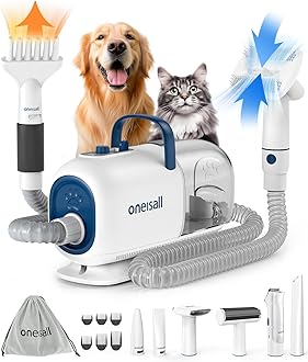 oneisall Dog Grooming Vacuum Blow Dryer and Clippers Kit, Dog Hair Dryer Fast Drying,8 Pet Vacuum for Shedding, Drying, Trimming Thick Short Long Hair -7 Levels of Blow Temperature