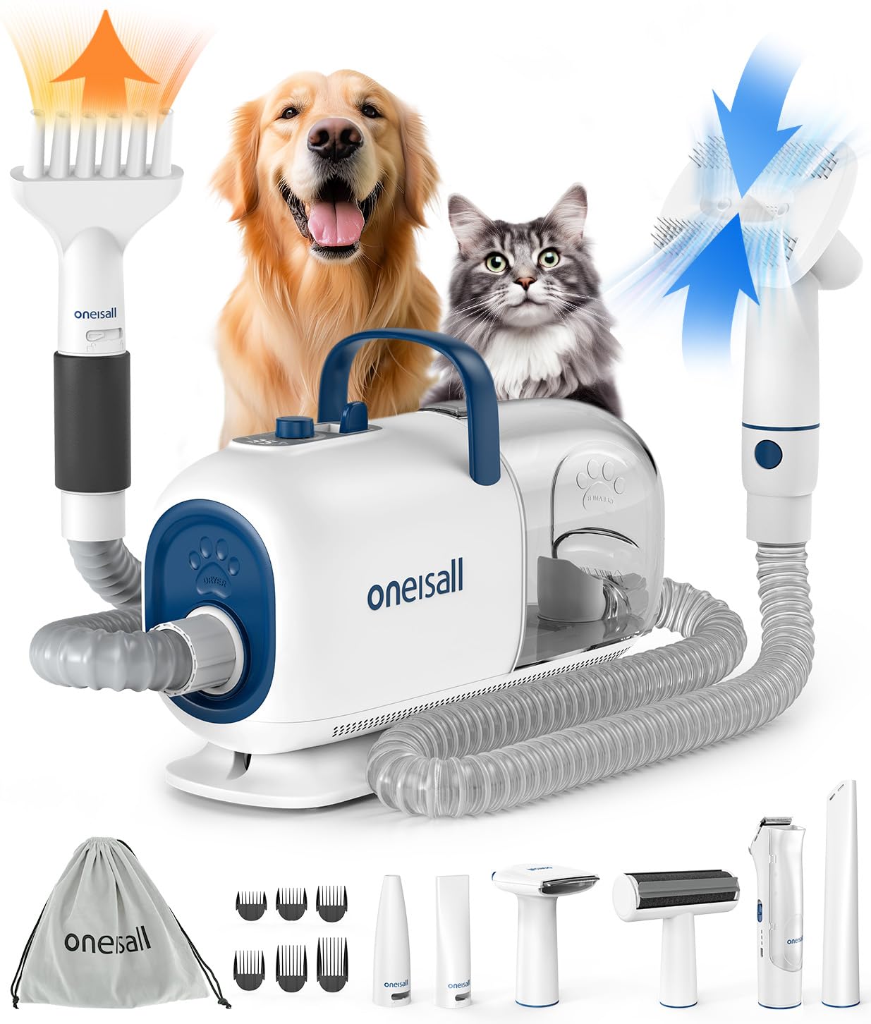 oneisallDog Grooming Vacuum Blow Dryer and Clippers Kit, Dog Hair Dryer Fast Drying,8 Pet Vacuum for Shedding, Drying, Trimming Thick Short Long Hair -7 Levels of Blow Temperature