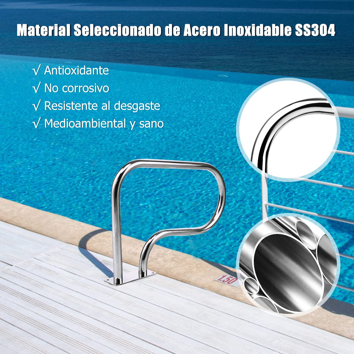 COSTWAY Barandilla Piscina de Metal Inoxidable, Pasamanos de Piscina de 81 x 57 cm, pasamanos barra de mano para piscina de Fácil Montaje, Ideal para SPA, Estadio y Piscina (1 Pieza)