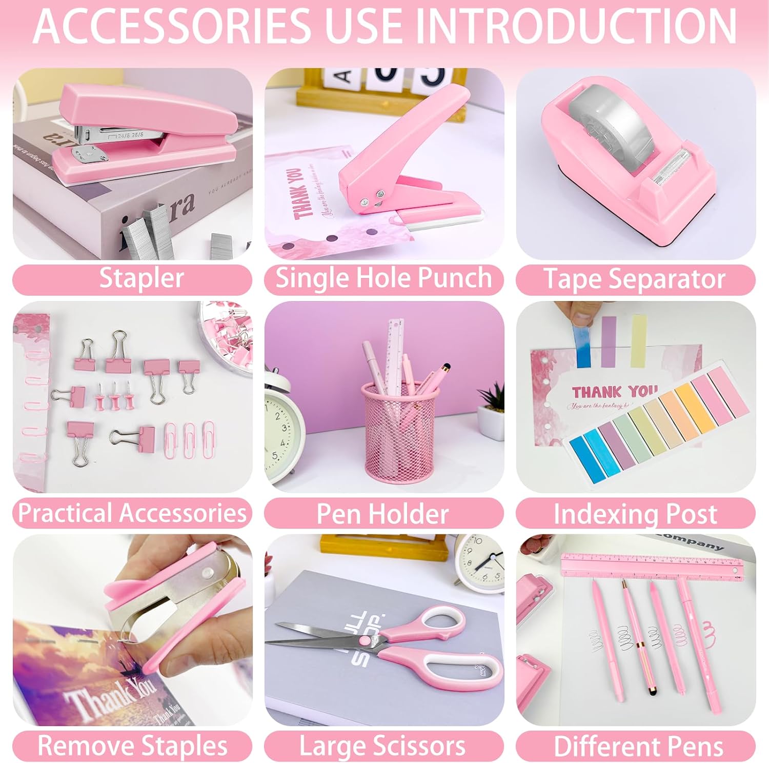 JIZHIYUAN Pink Desk Accessories Set - 16 Pcs Pink Office Supplies with Stapler, Tape Dispenser, Pen Holder, Staple Remover, Hole Punch, Practical Aesthetics Desk Sets for Office, Home, School Women