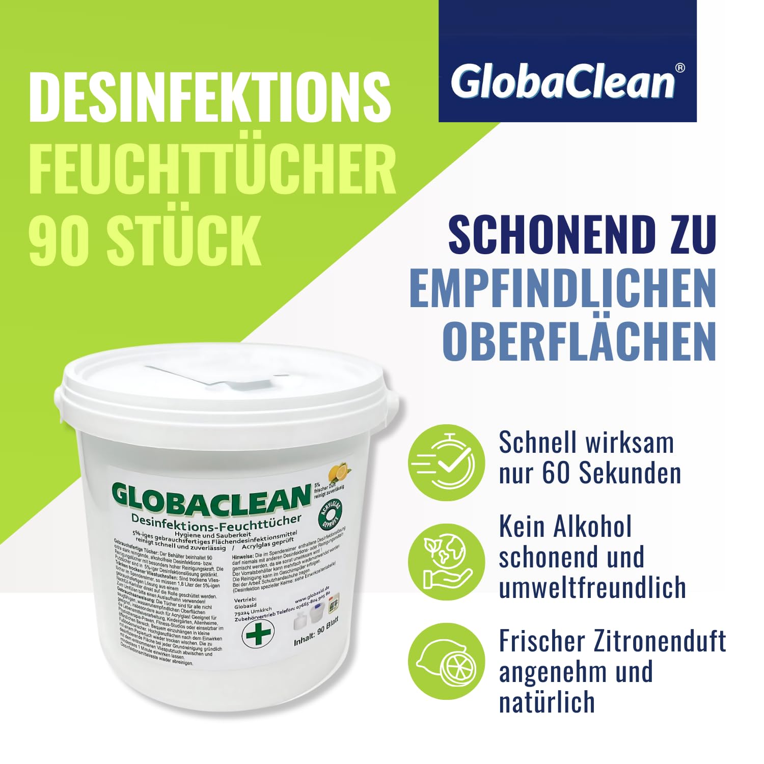 2 x Desinfektionstücher Eimer 5%-Lösung, Spendereimer inkl. 90 XXL Vlies-Tücher getränkt in Flächen-Desinfektionsmittel, Reinigungstücher wirksam gegen Bakterien, Viren & Keime Made in Germany