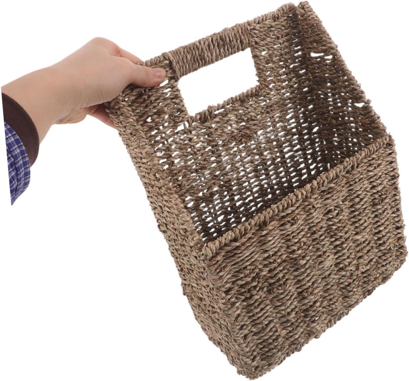 PRETYZOOM Hand Woven Magazine Holder with Built-in Handles, Hanging Slanted Opening Grass Basket for Organizing Mail and Magazines, Boho Decorative Storage for Bathroom and Reading Room