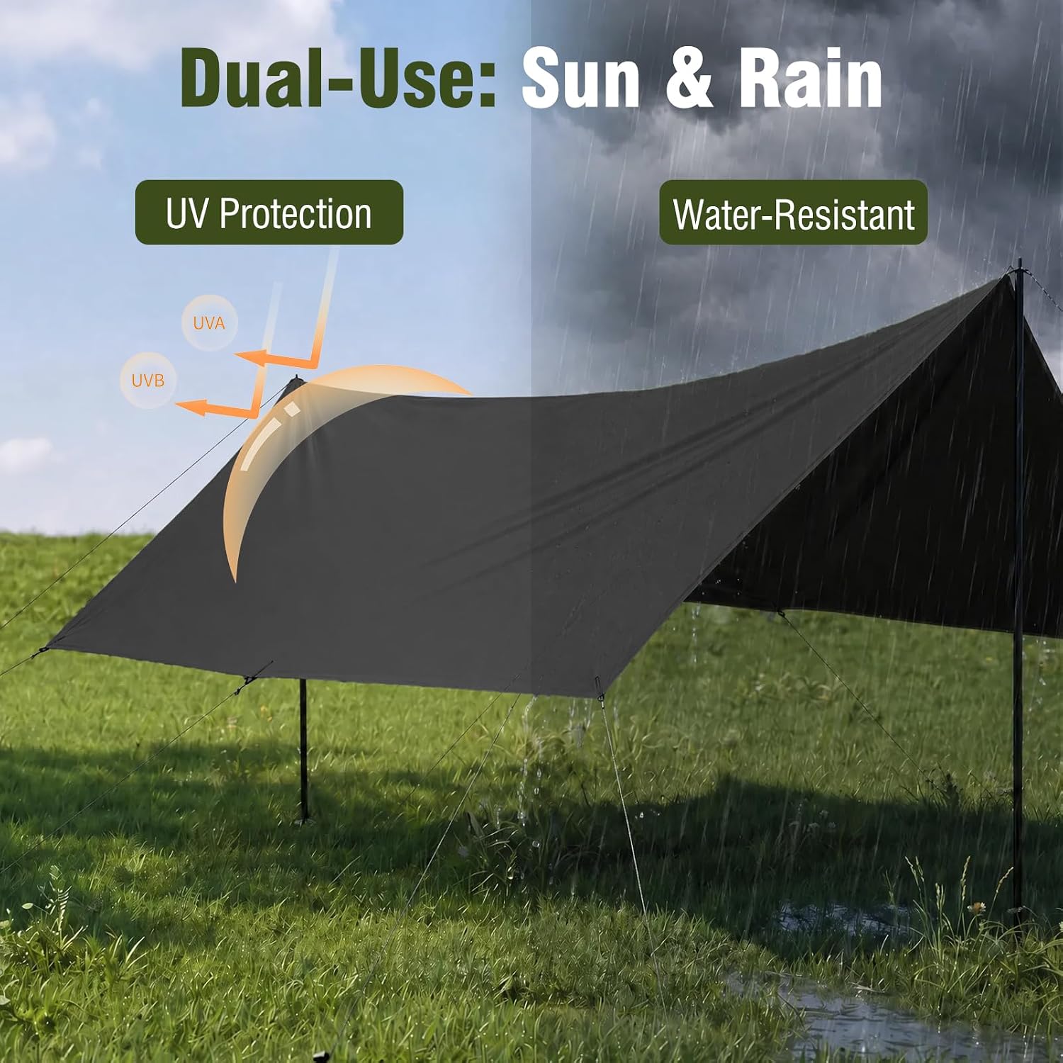 Waterproof Camping Tarp Hammock Rain Fly -14.7×14.7ft with 2 Poles, Mutifunctional Tent UV Protection Lightweight Tarp, for Camping, Outdoor, Traveling, Hiking (Quadrilateral, Black) image 4