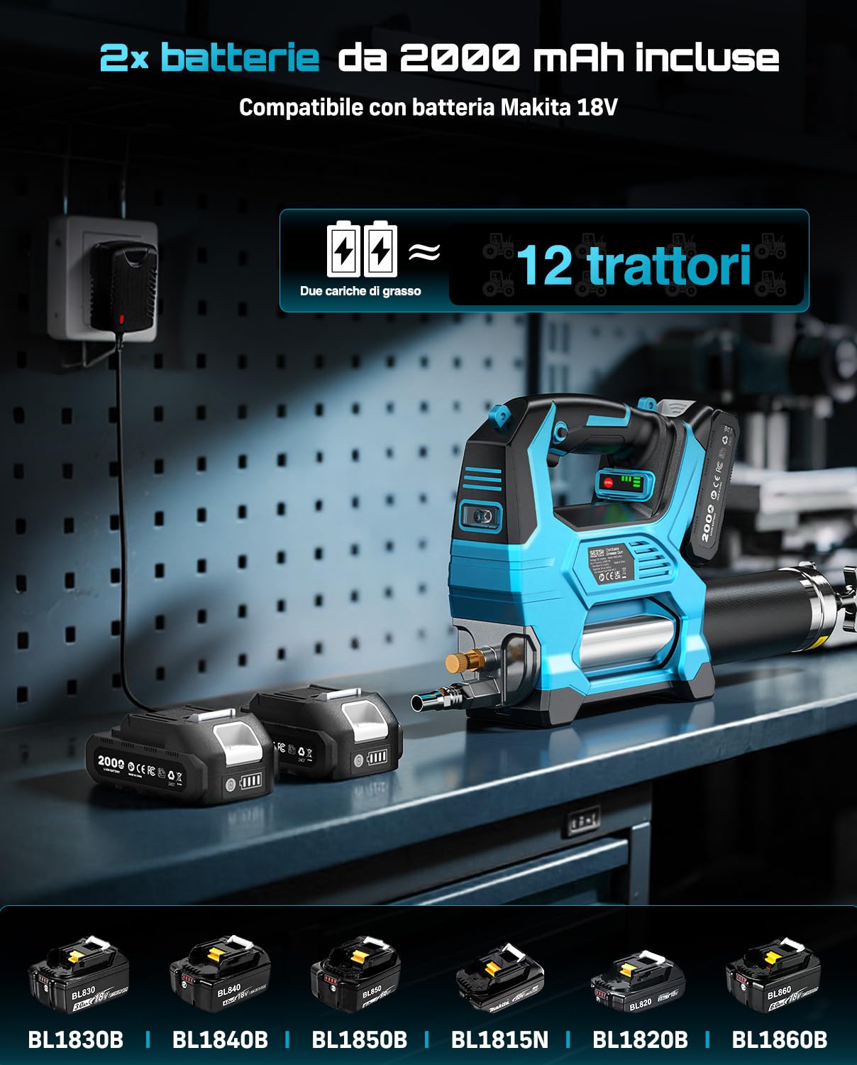 Seesii 12.000PSI Ingrassatore a Batteria con 2 Batterie (compatibili Anche con batterie Makita da 18 V), 3 velocità, Motore Brushless, 3 Testina Ingrassatore, Tubo da 1.2m, per Attrezzature Pesanti