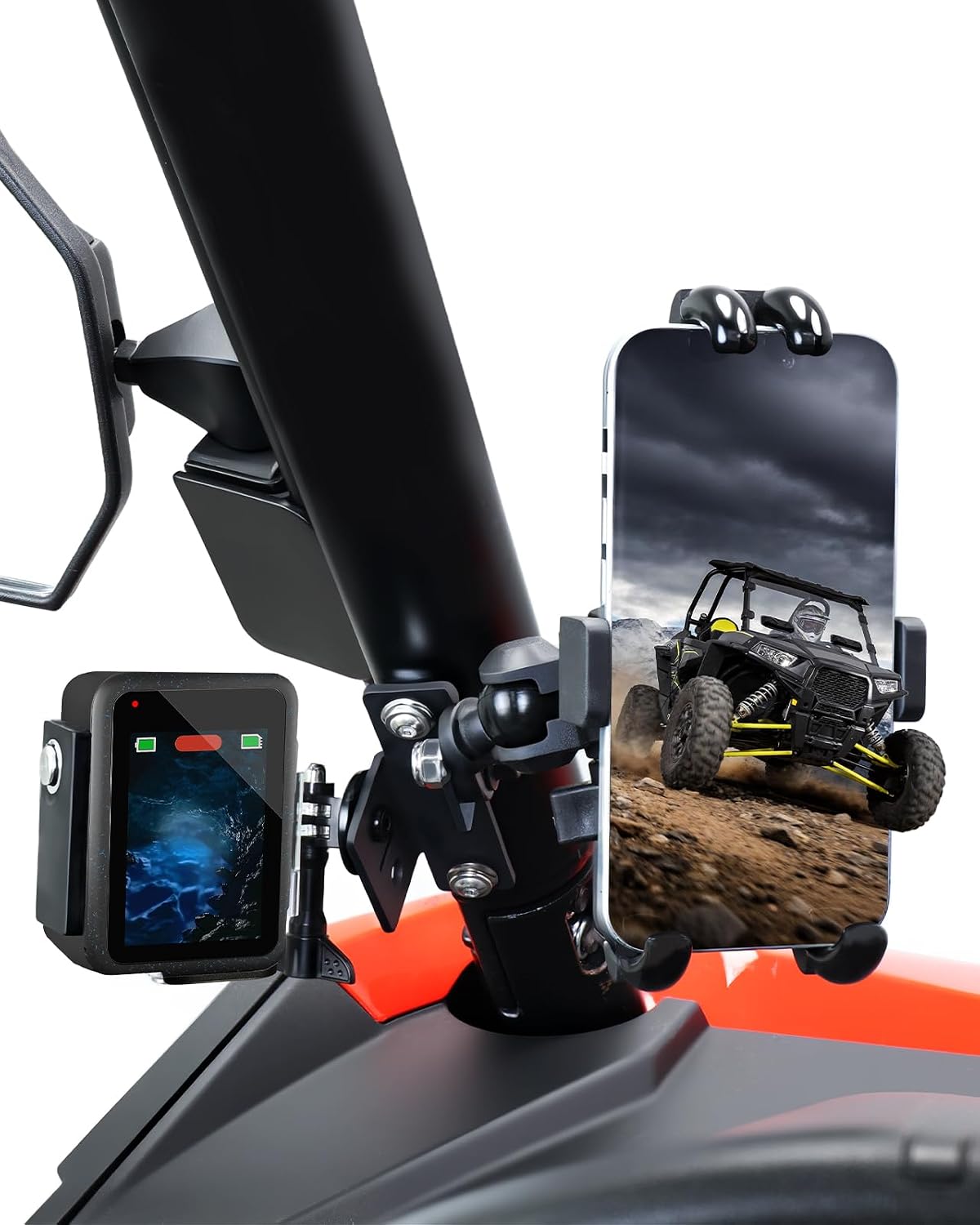 StarknightMT 2023+ ZForce Trail Phone Mount and Action Camera Holder, Compatible with 2023+ CFMoto ZForce 950 Sport Trail/800 Trail G2, 360° Adjustable SXS UTV Cell Phone Sport Camera Mount