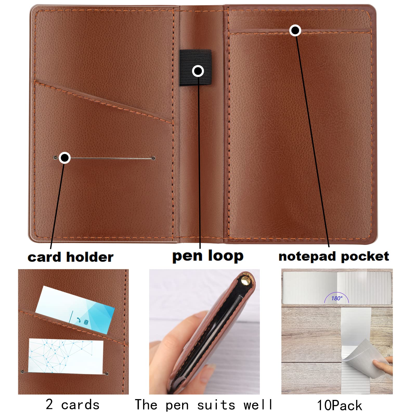 13-teiliges Mini-Taschennotizblock-Set, inklusive Leder-Notizblockhalter, 10 Stück, 7,6 x 12,7 cm, kleine Notizblöcke mit 30 linierten Papieren, Kratzblöcken, Notizblöcken, 2 Metall-Kugelschreiber