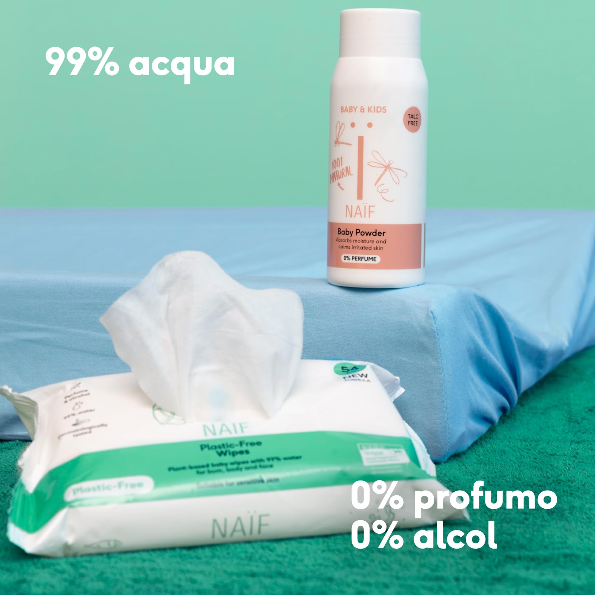Naïf - Salviette senza plastica - 432 pezzi (8 confezioni da 54 salviette ciascuna) - Cura del sederino, del corpo e del viso del bambino - 99% acqua - 0% profumo e alcol