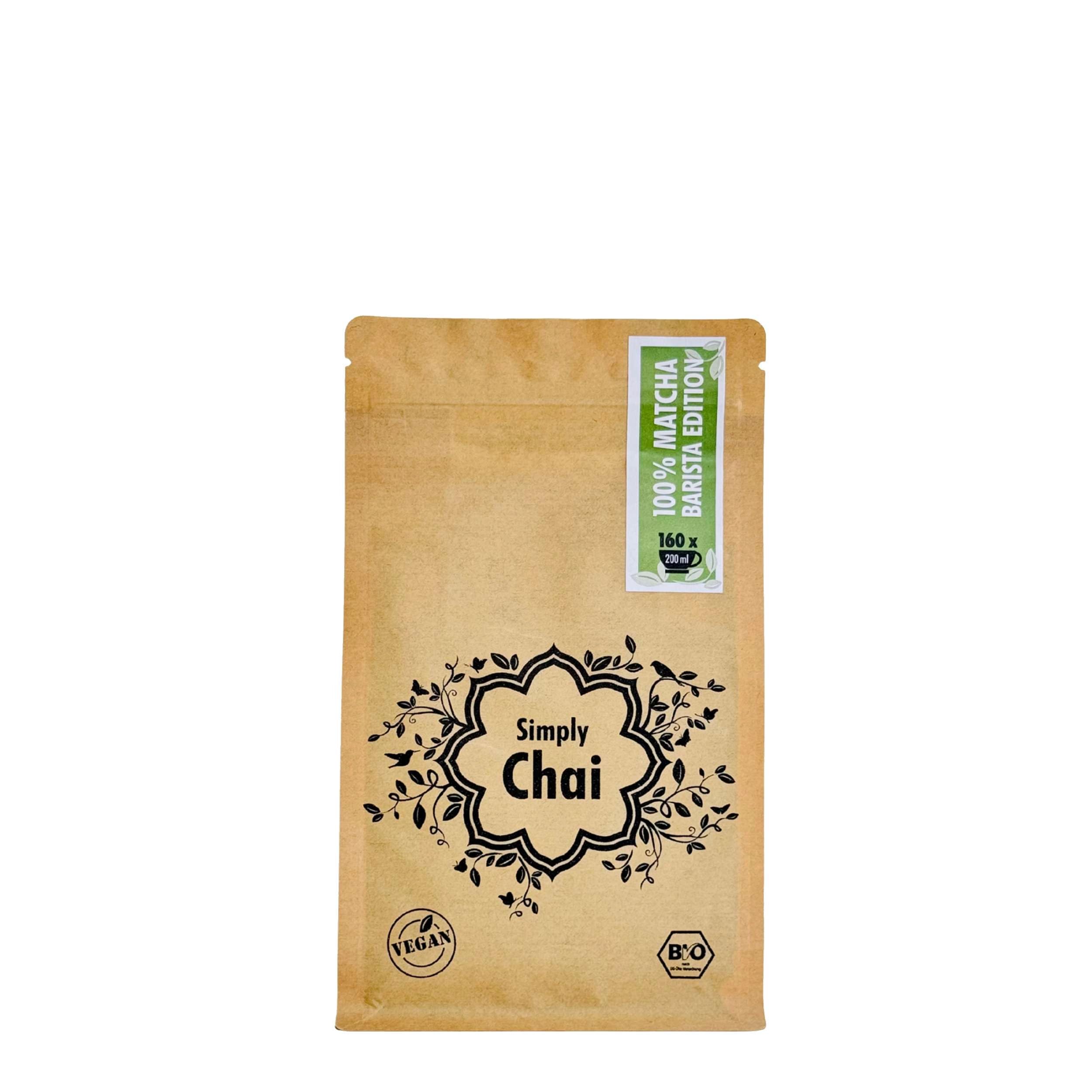Simply Chai Bio & Vegan 100% Matcha Barista Edition Pulver, 200g Beutel – Purer grüner Tee aus Japan, ungesuesst & intensiv