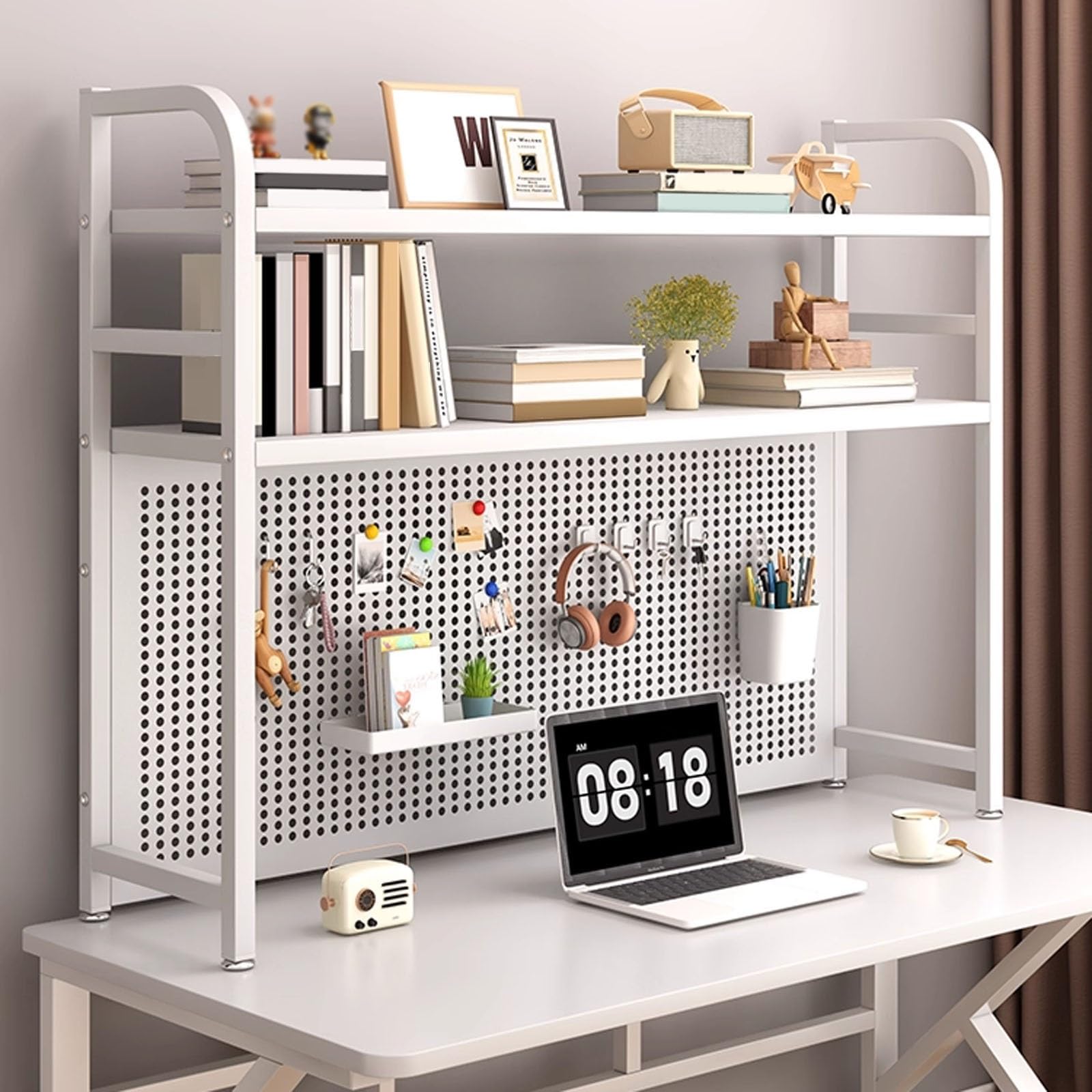 CWCQGH Freestanding Desktop Bookshelf with Pegboard, Multipurpose College Desk for Home Office, Dorm Room Decor, Space-Saving Furniture for Living Room,White 2-115cm/45.3in