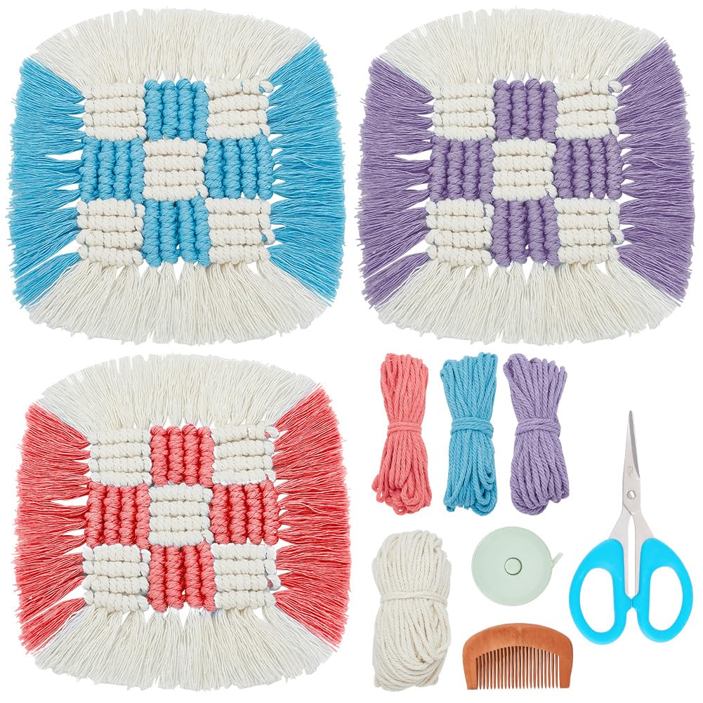 BEUNITONE DIY Two Tone Macrame Coasters Kit 3 Set Macrame Coasters Kit with Instruction Woven Boho Handmade Absorbent Placemats Tassle Boho Coasters for Drinks Absorbent Home Decor Tabletop