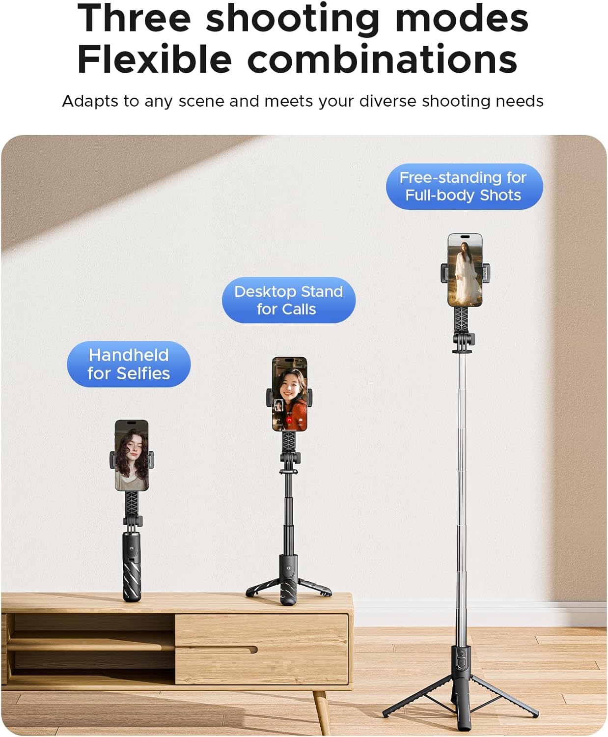Three shooting modes: handheld for selfies, desktop stand for calls, and free-standing for full-body shots.