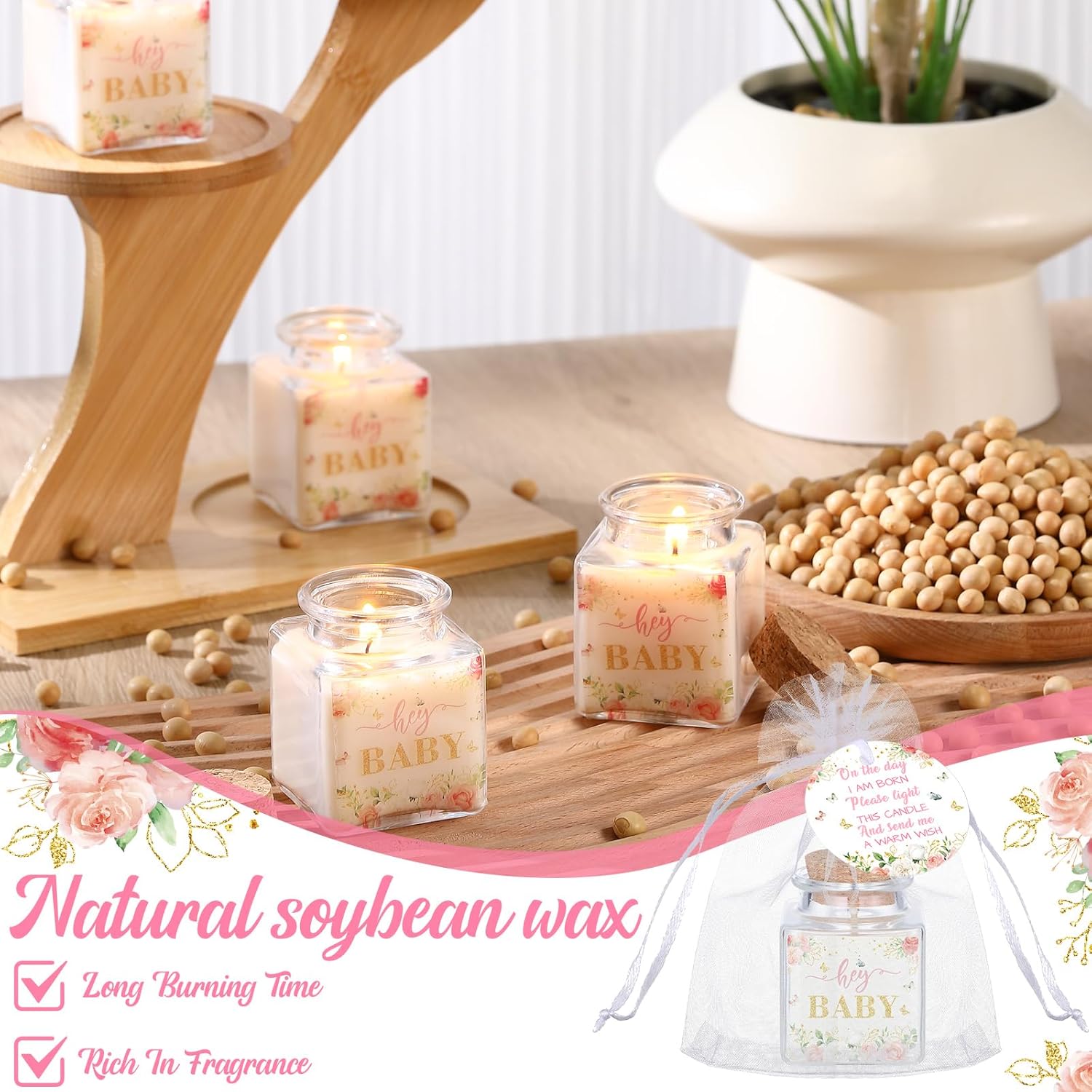 24 Sets Baby Shower Candle Favors for Guests Including 1.5oz Unscented Jar Candles with Thank Tags and Return Gift Bags for Boy Girl Baby Shower Neutral Gender Reveal Party (Pink, Floral)