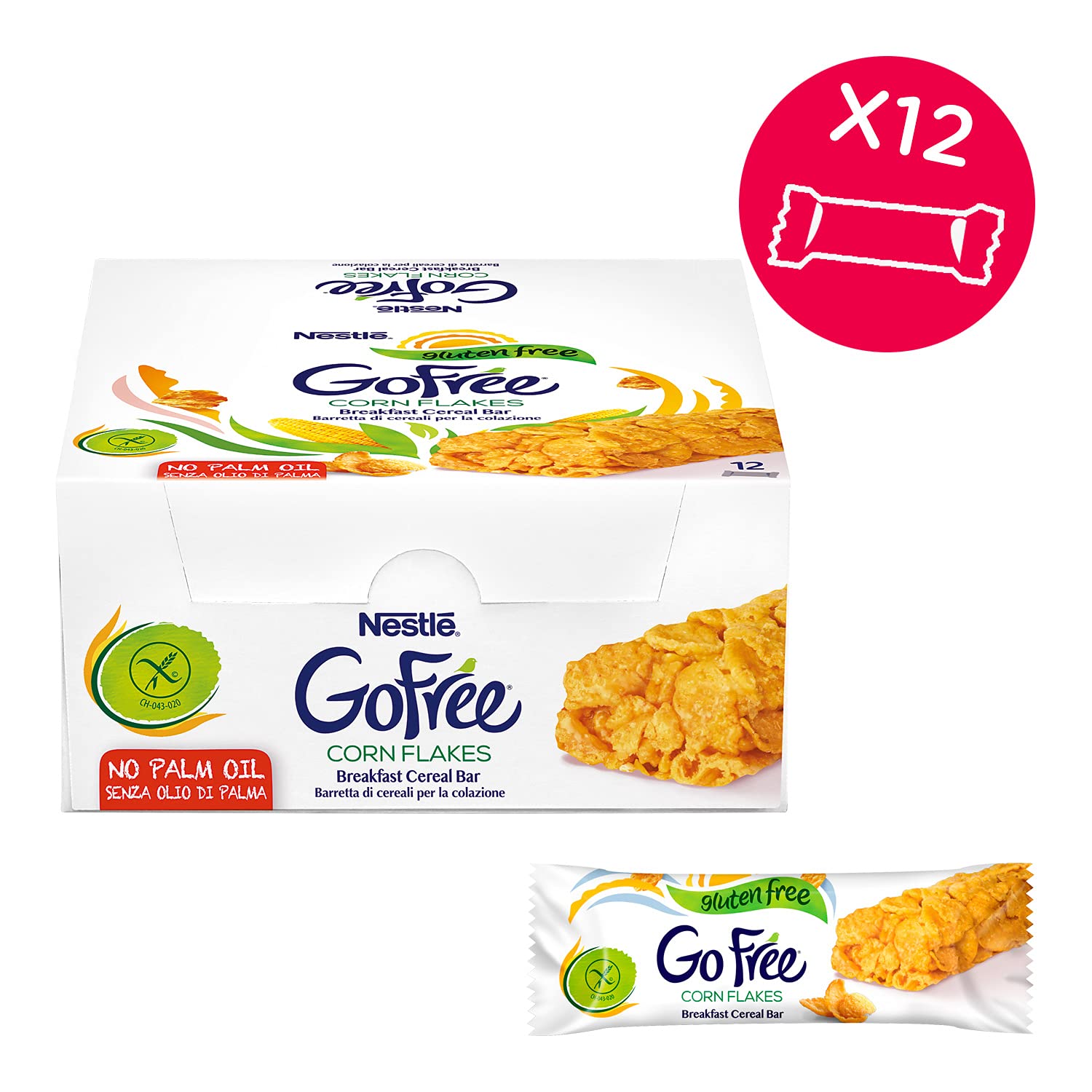 GO FREE Corn Flakes Barrette di Cereali Integrali Senza Glutine, 12 pezzi da 22g (264g) (Confezione da 2)