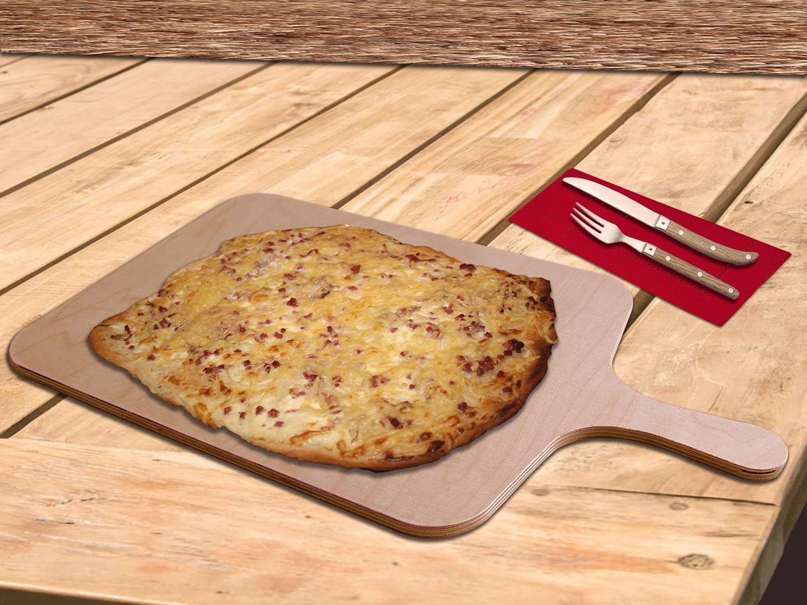 Eli Flammkuchenbrett L 40er Set – Servierbrett, Pizzateller & Schneidebrett aus stabilem Birkenholz – rustikales Pizzabrett/Holzteller für Pizza, Pinsa, Zwiebelkuchen – Handmade in Germany