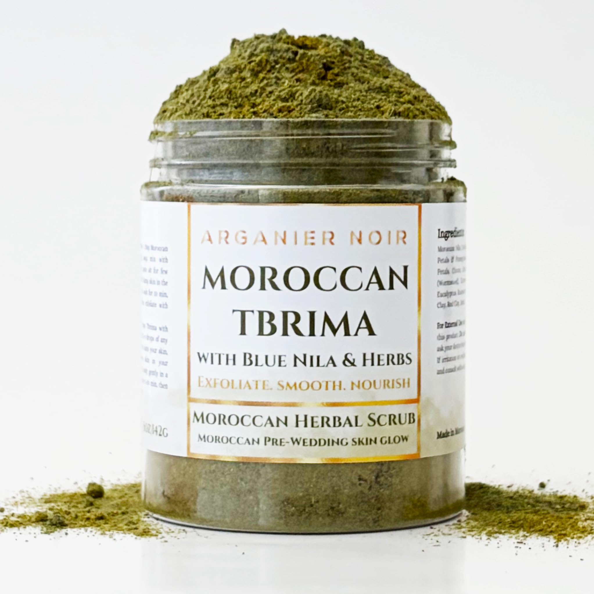 Tbrima Moroccan Herbal Scrub, Tebrima Sahraouiya a mix of natural herbs and Moroccan Nila 5oz