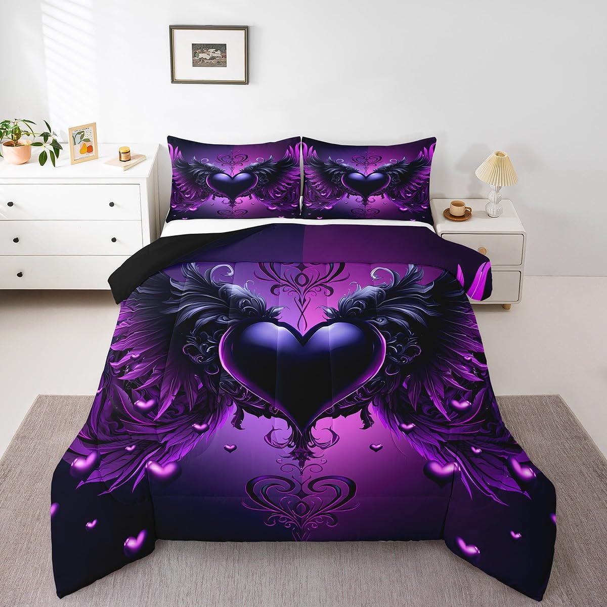 Feelyou Heart Love Comforter Set Queen Size Romantic Bedding Set for Kids Boys Girls Decor Love Print Wings Duvet Quilt Modern Abstract Bedroom Decor