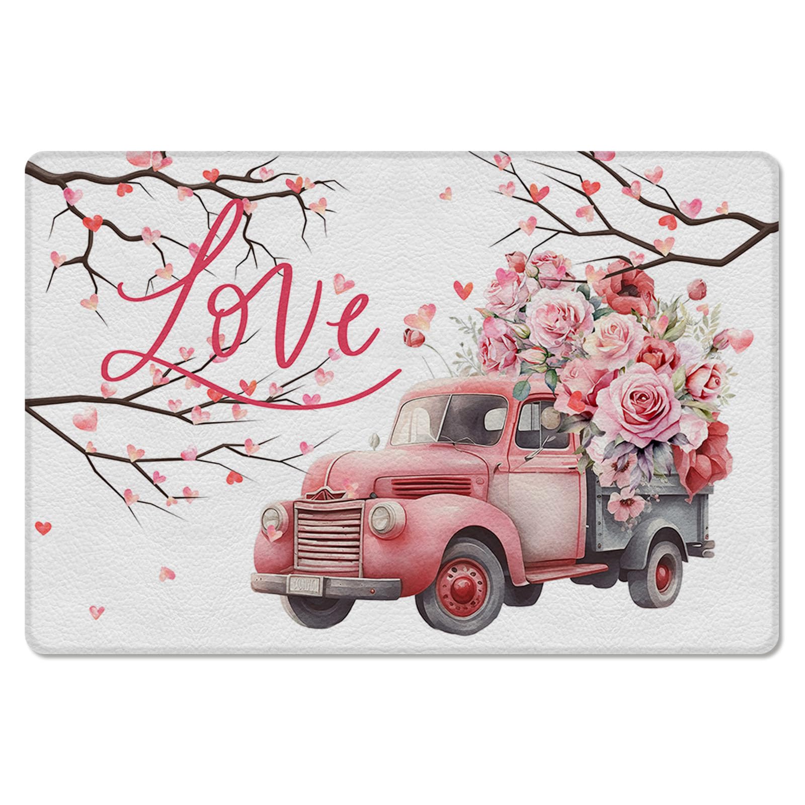 Valentine's Truck White Kitchen Bath Door Mat Cushioned Runner Rug,Washable Welcome Floor Sink Antifatigue Mat,Waterproof & Non-Slip Comfort Standing Doormat,Romantic Rose Vintage Floral 20