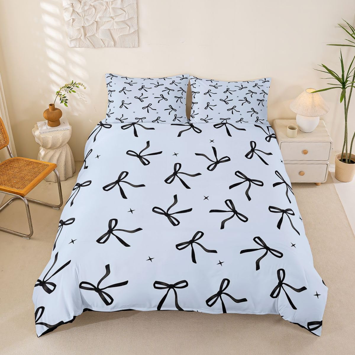Housse de couette 200x200cm bleu avec 2 taies d'oreiller motif noeud papillon mignon